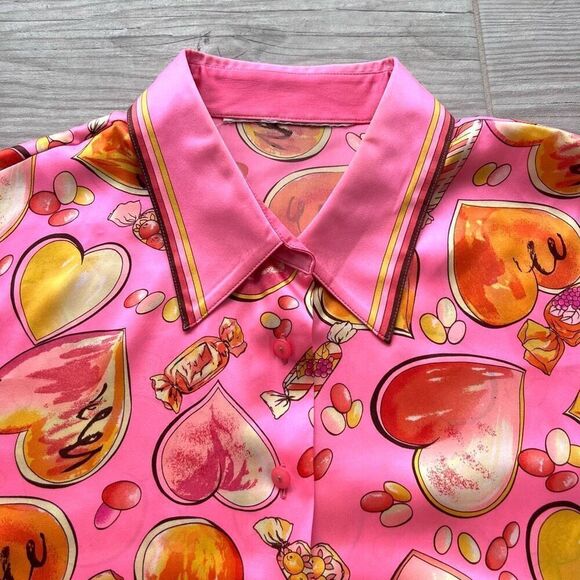 Womens Pink Valentines Hearts‎ And Candy Print Long Sleeve Button Up Top Size 14 - Picture 2 of 10